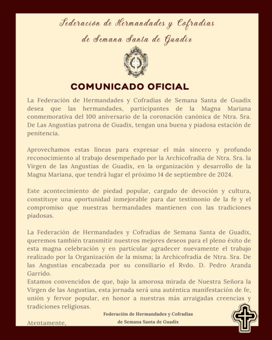 Comunicado Oficial de la Federación de Hermandades y Cofradías de Semana Santa de Guadix